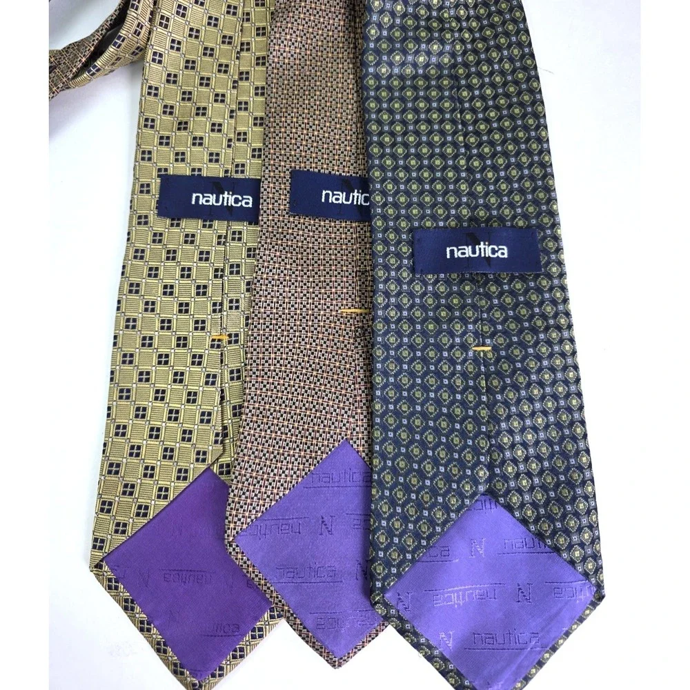 Nautica Neck Ties Lot of 3 Mens Adjustable Blue 100% Silk Plaid Geometric EUC
